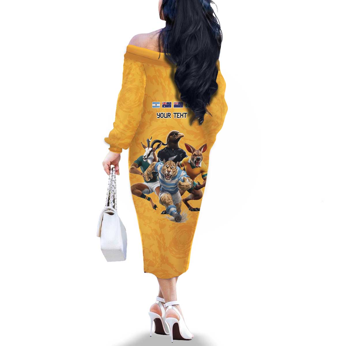 Custom Rugby Southern Hemisphere Family Matching Off The Shoulder Long Sleeve Dress and Hawaiian Shirt Argentina AUNZ South Africa Mascot Gold - Aussie Hoodie