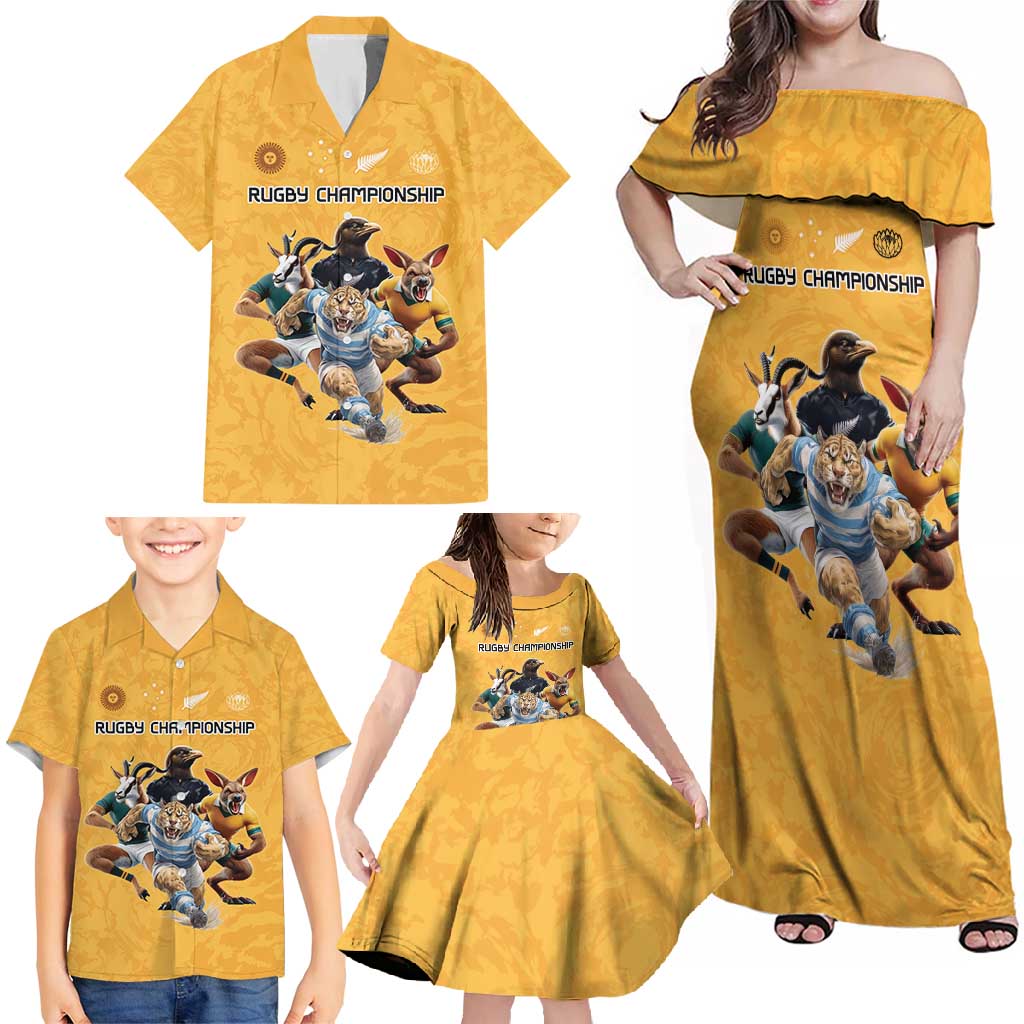 Custom Rugby Southern Hemisphere Family Matching Off Shoulder Maxi Dress and Hawaiian Shirt Argentina AUNZ South Africa Mascot Gold - Aussie Hoodie
