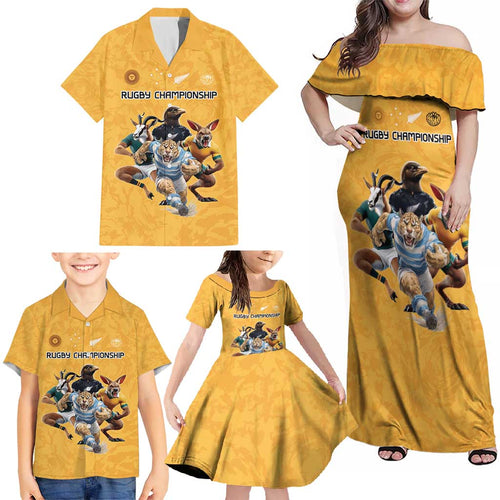 Custom Rugby Southern Hemisphere Family Matching Off Shoulder Maxi Dress and Hawaiian Shirt Argentina AUNZ South Africa Mascot Gold - Aussie Hoodie