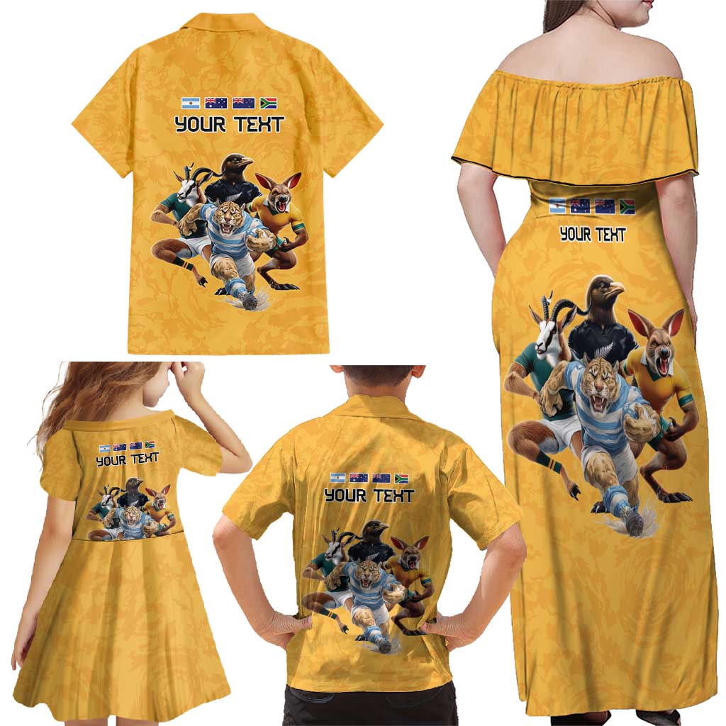 Custom Rugby Southern Hemisphere Family Matching Off Shoulder Maxi Dress and Hawaiian Shirt Argentina AUNZ South Africa Mascot Gold - Aussie Hoodie