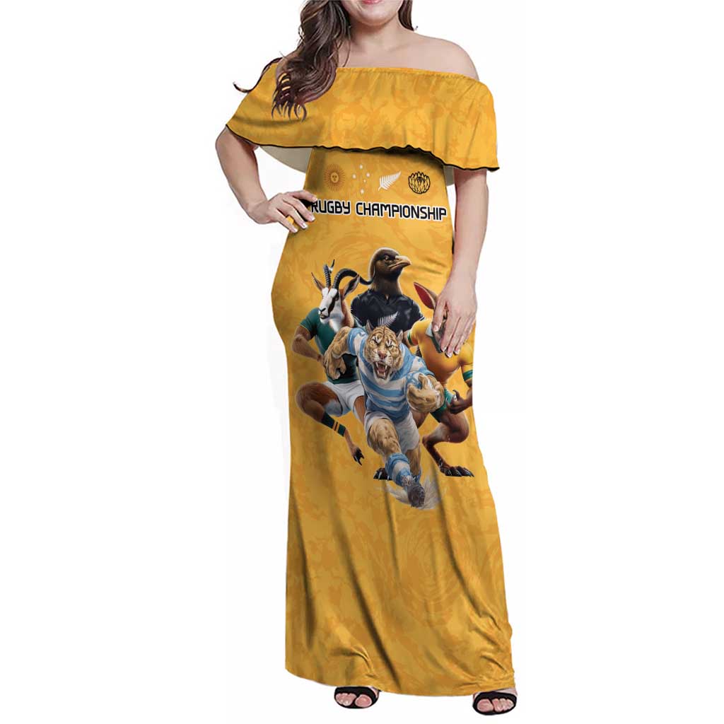 Custom Rugby Southern Hemisphere Family Matching Off Shoulder Maxi Dress and Hawaiian Shirt Argentina AUNZ South Africa Mascot Gold - Aussie Hoodie