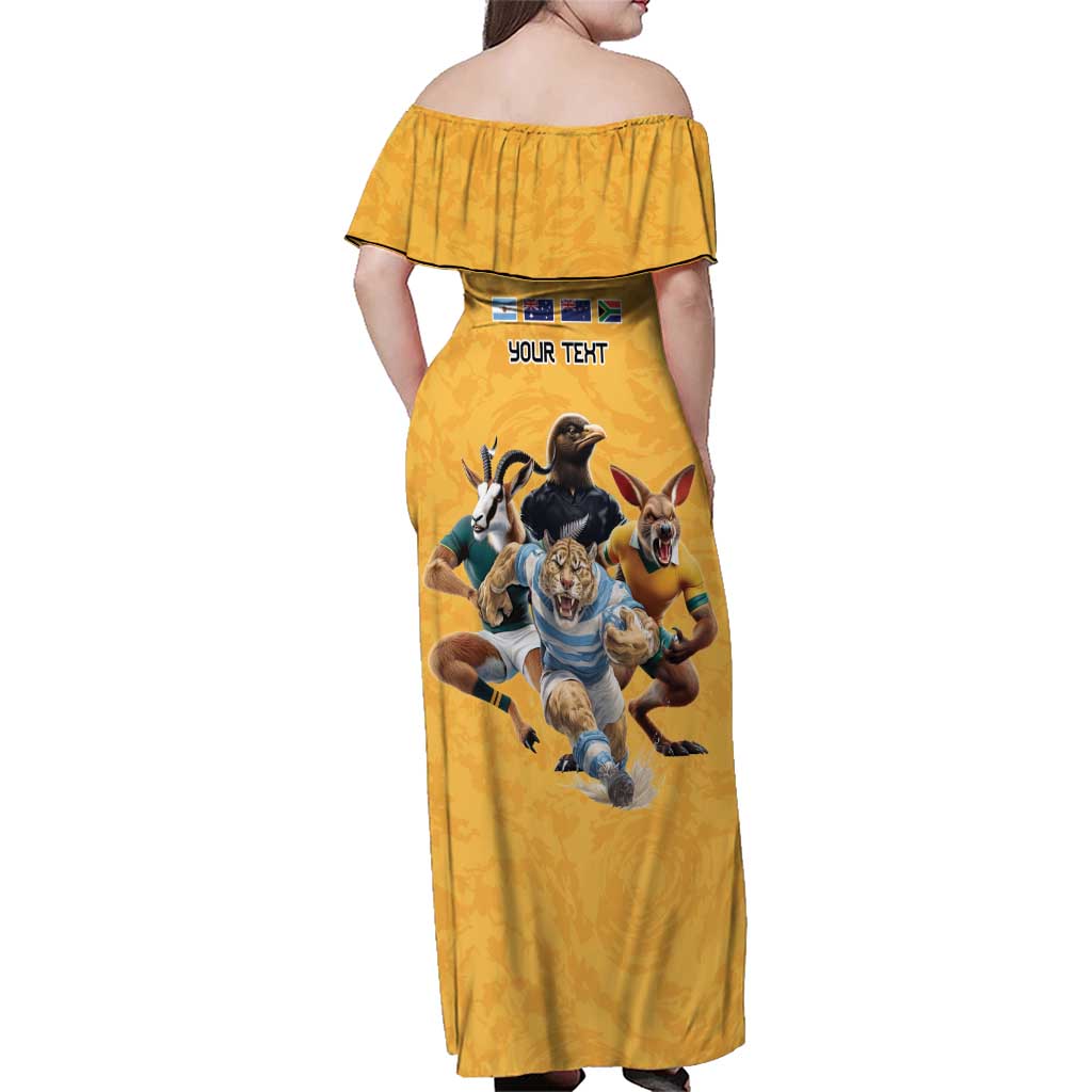 Custom Rugby Southern Hemisphere Family Matching Off Shoulder Maxi Dress and Hawaiian Shirt Argentina AUNZ South Africa Mascot Gold - Aussie Hoodie