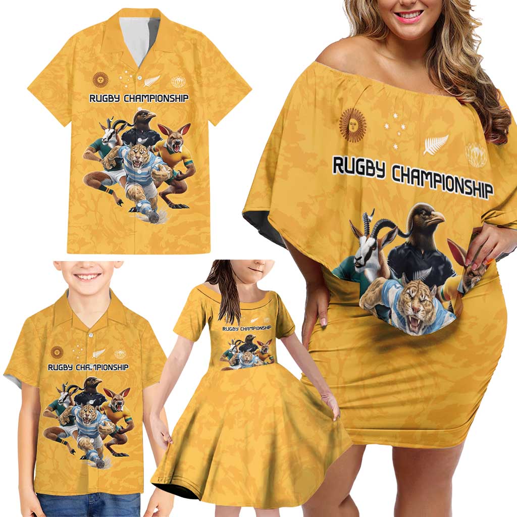 Custom Rugby Southern Hemisphere Family Matching Off Shoulder Short Dress and Hawaiian Shirt Argentina AUNZ South Africa Mascot Gold - Aussie Hoodie