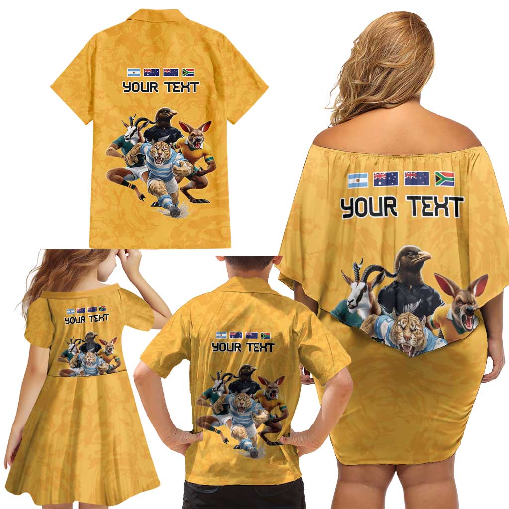 Custom Rugby Southern Hemisphere Family Matching Off Shoulder Short Dress and Hawaiian Shirt Argentina AUNZ South Africa Mascot Gold - Aussie Hoodie