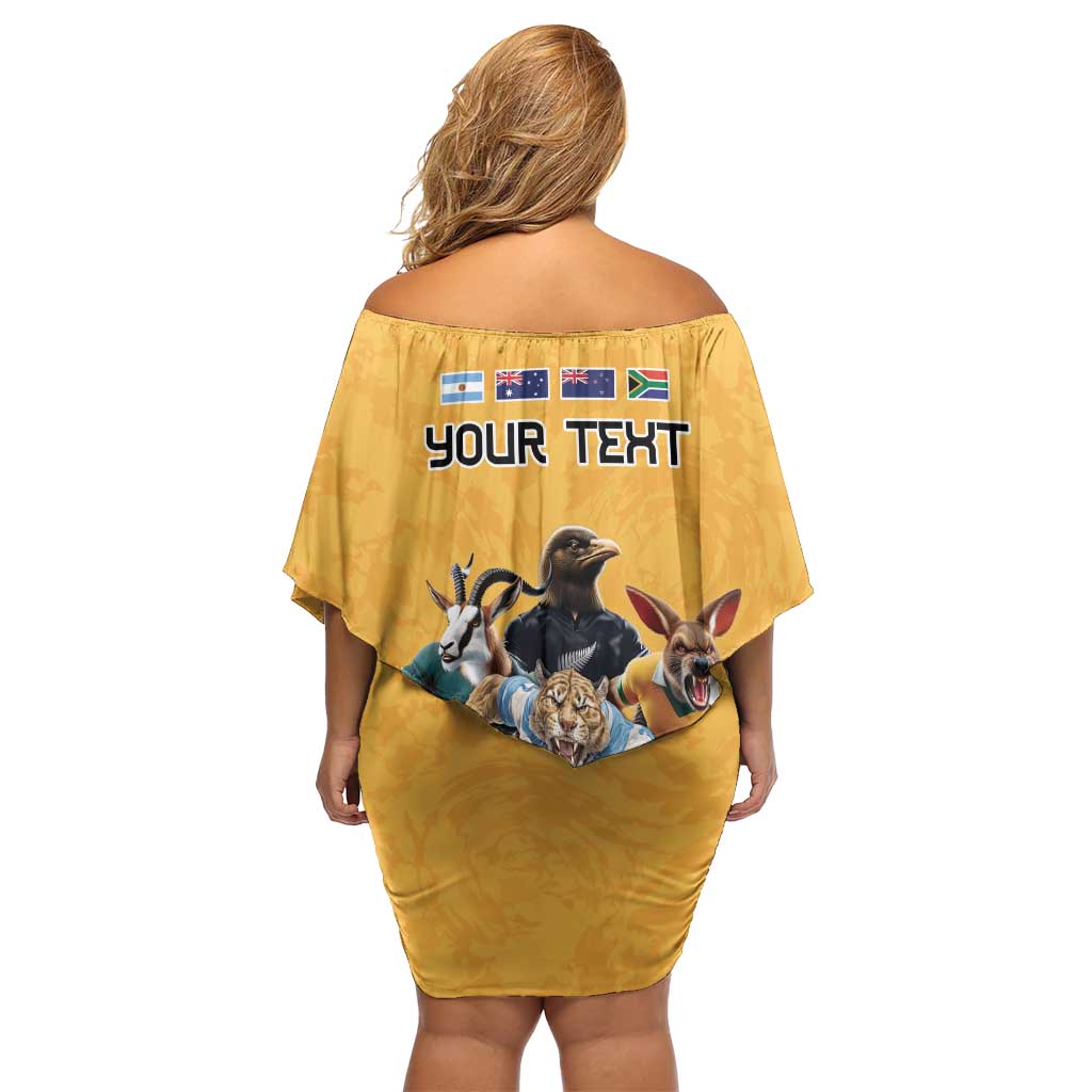 Custom Rugby Southern Hemisphere Family Matching Off Shoulder Short Dress and Hawaiian Shirt Argentina AUNZ South Africa Mascot Gold - Aussie Hoodie