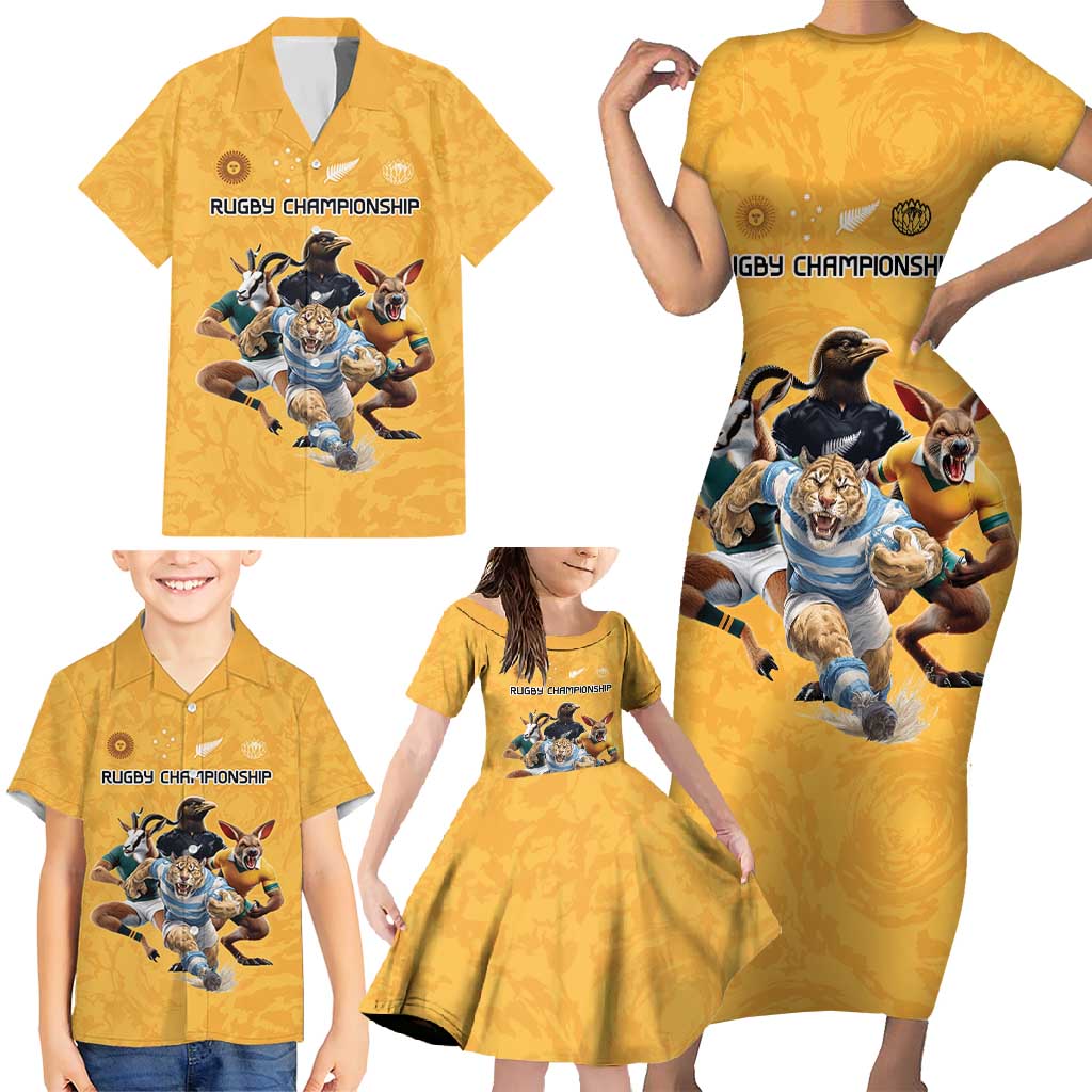 Custom Rugby Southern Hemisphere Family Matching Short Sleeve Bodycon Dress and Hawaiian Shirt Argentina AUNZ South Africa Mascot Gold - Aussie Hoodie