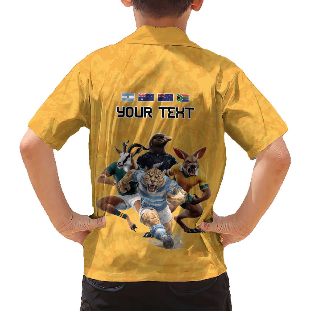 Custom Rugby Southern Hemisphere Family Matching Short Sleeve Bodycon Dress and Hawaiian Shirt Argentina AUNZ South Africa Mascot Gold - Aussie Hoodie