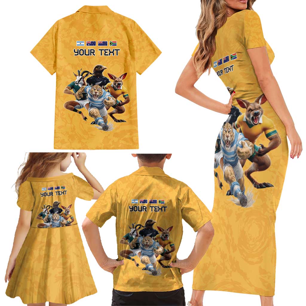 Custom Rugby Southern Hemisphere Family Matching Short Sleeve Bodycon Dress and Hawaiian Shirt Argentina AUNZ South Africa Mascot Gold - Aussie Hoodie