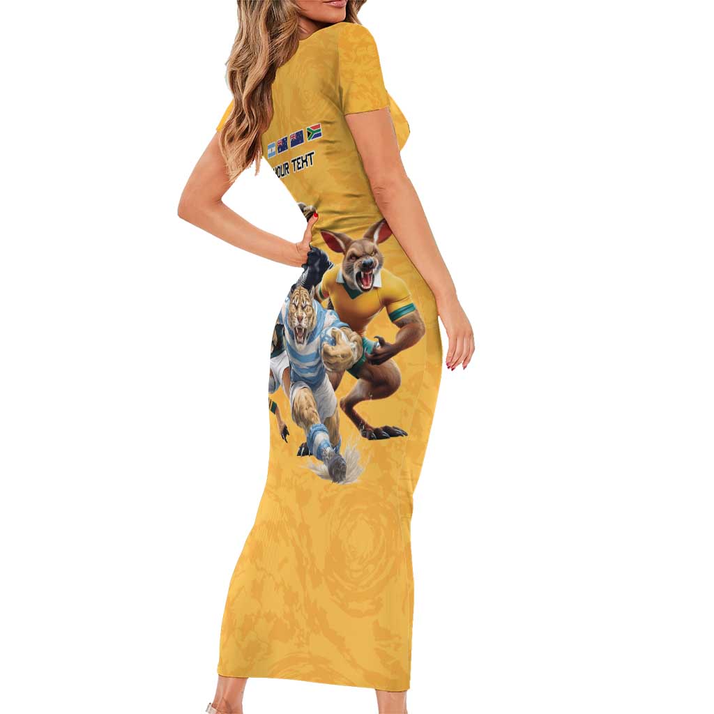 Custom Rugby Southern Hemisphere Family Matching Short Sleeve Bodycon Dress and Hawaiian Shirt Argentina AUNZ South Africa Mascot Gold - Aussie Hoodie