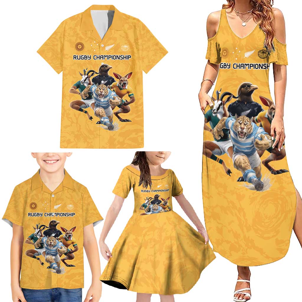 Custom Rugby Southern Hemisphere Family Matching Summer Maxi Dress and Hawaiian Shirt Argentina AUNZ South Africa Mascot Gold - Aussie Hoodie