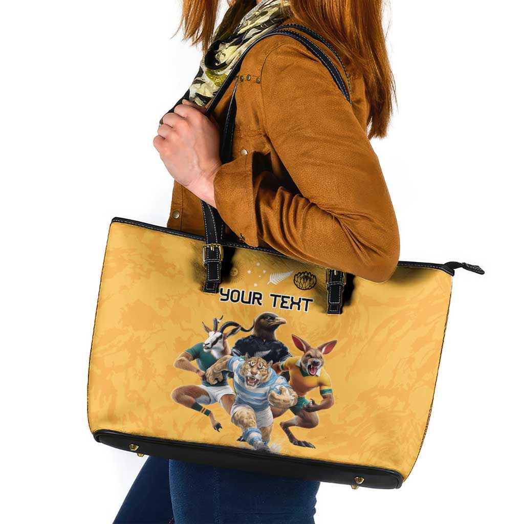 Custom Rugby Southern Hemisphere Leather Tote Bag Argentina AUNZ South Africa Mascot Gold - Aussie Hoodie