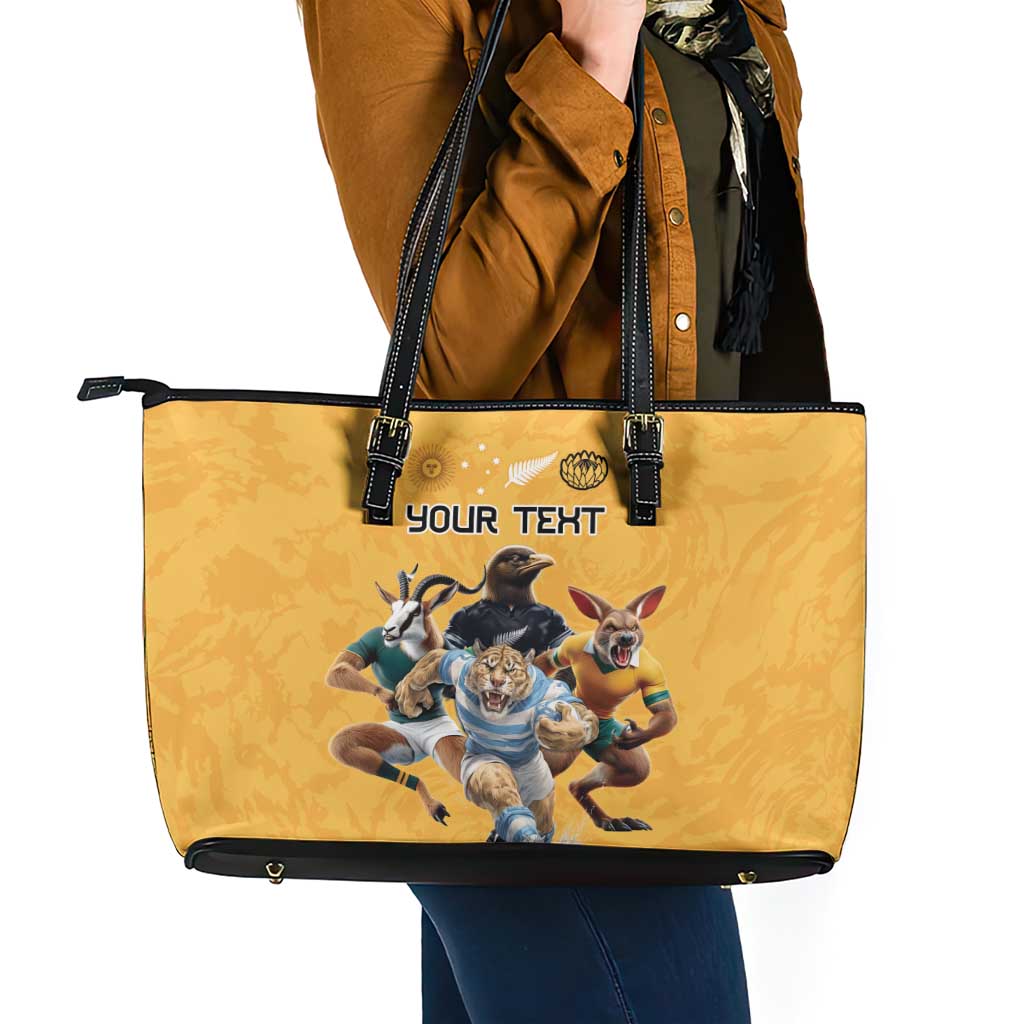Custom Rugby Southern Hemisphere Leather Tote Bag Argentina AUNZ South Africa Mascot Gold - Aussie Hoodie