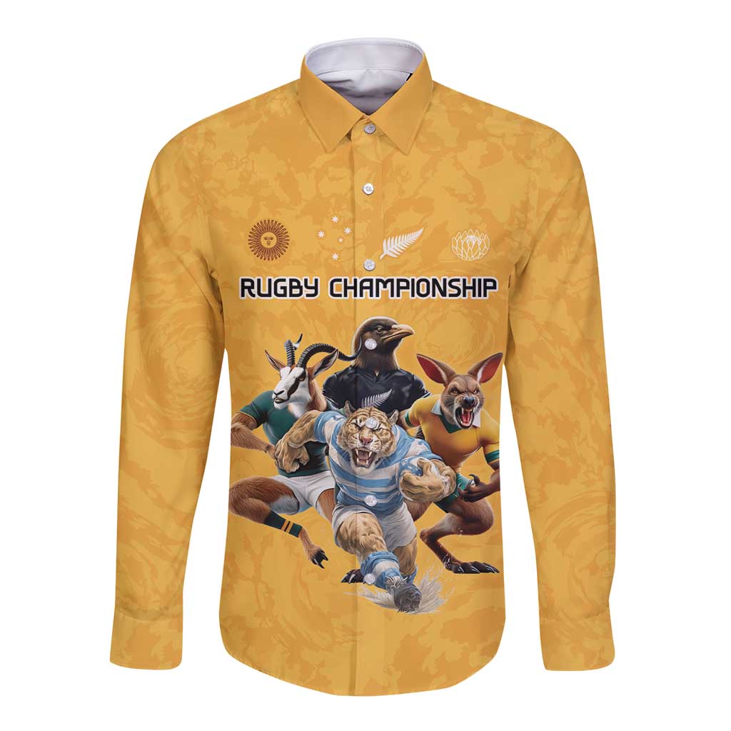 Custom Rugby Southern Hemisphere Long Sleeve Button Shirt Argentina AUNZ South Africa Mascot Gold - Aussie Hoodie