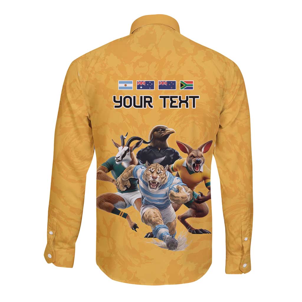 Custom Rugby Southern Hemisphere Long Sleeve Button Shirt Argentina AUNZ South Africa Mascot Gold - Aussie Hoodie