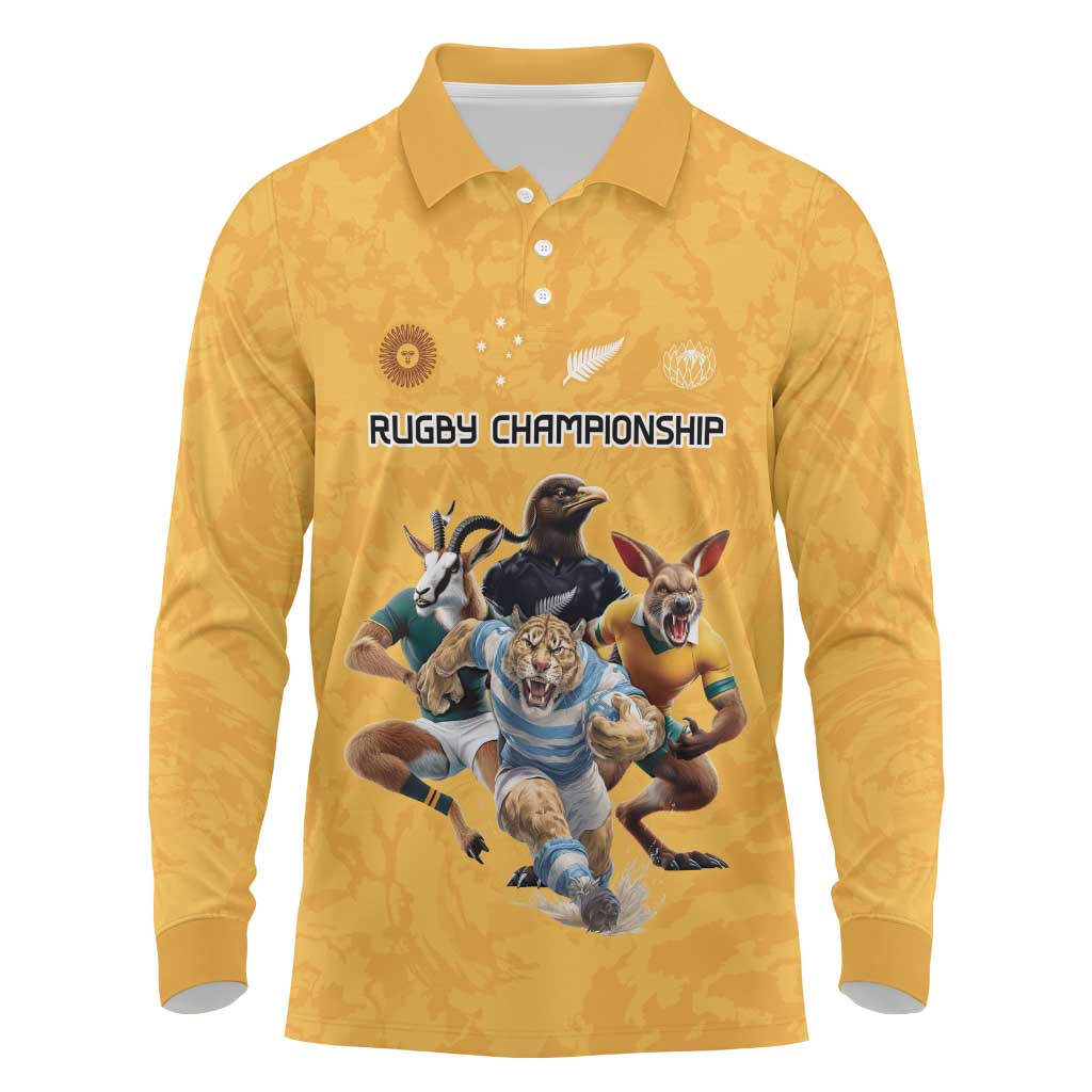 Custom Rugby Southern Hemisphere Long Sleeve Polo Shirt Argentina AUNZ South Africa Mascot Gold - Aussie Hoodie