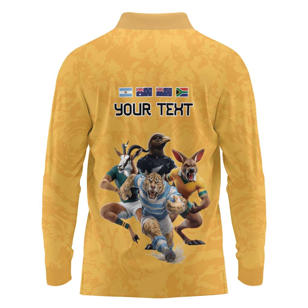Custom Rugby Southern Hemisphere Long Sleeve Polo Shirt Argentina AUNZ South Africa Mascot Gold - Aussie Hoodie