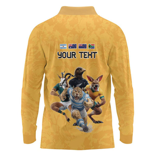 Custom Rugby Southern Hemisphere Long Sleeve Polo Shirt Argentina AUNZ South Africa Mascot Gold - Aussie Hoodie