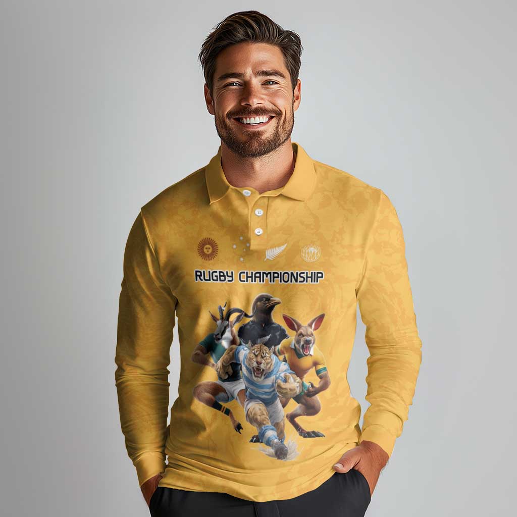 Custom Rugby Southern Hemisphere Long Sleeve Polo Shirt Argentina AUNZ South Africa Mascot Gold - Aussie Hoodie