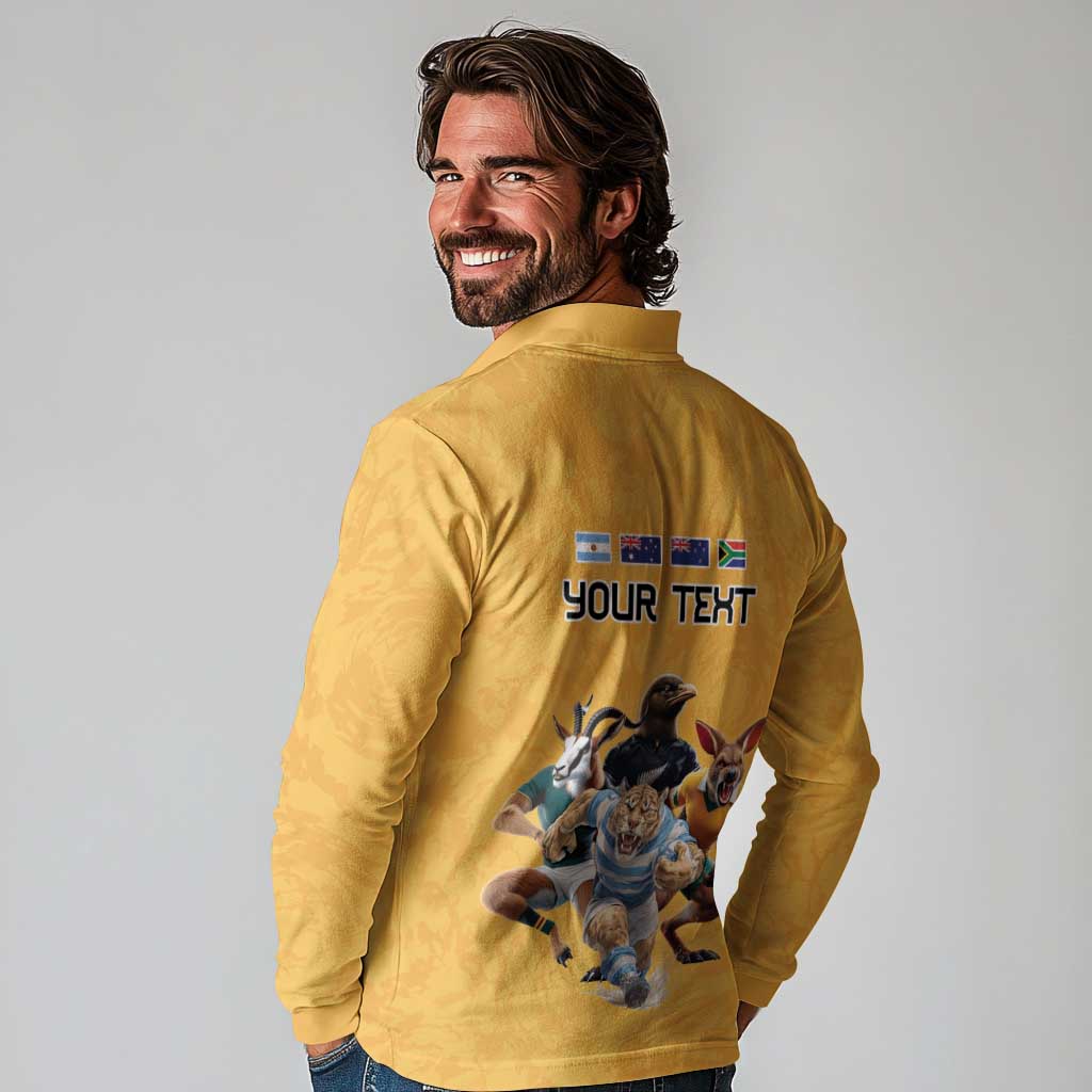 Custom Rugby Southern Hemisphere Long Sleeve Polo Shirt Argentina AUNZ South Africa Mascot Gold - Aussie Hoodie