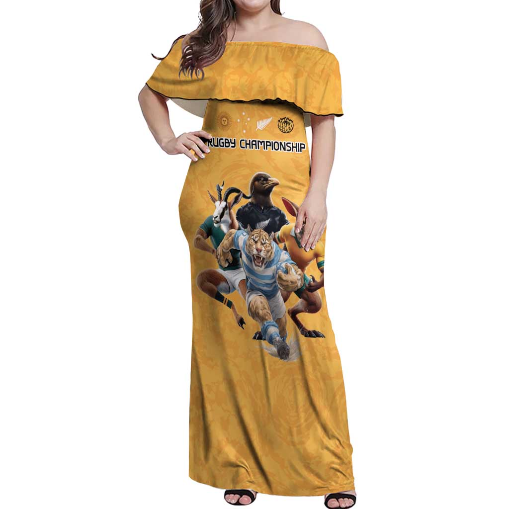 Custom Rugby Southern Hemisphere Off Shoulder Maxi Dress Argentina AUNZ South Africa Mascot Gold - Aussie Hoodie
