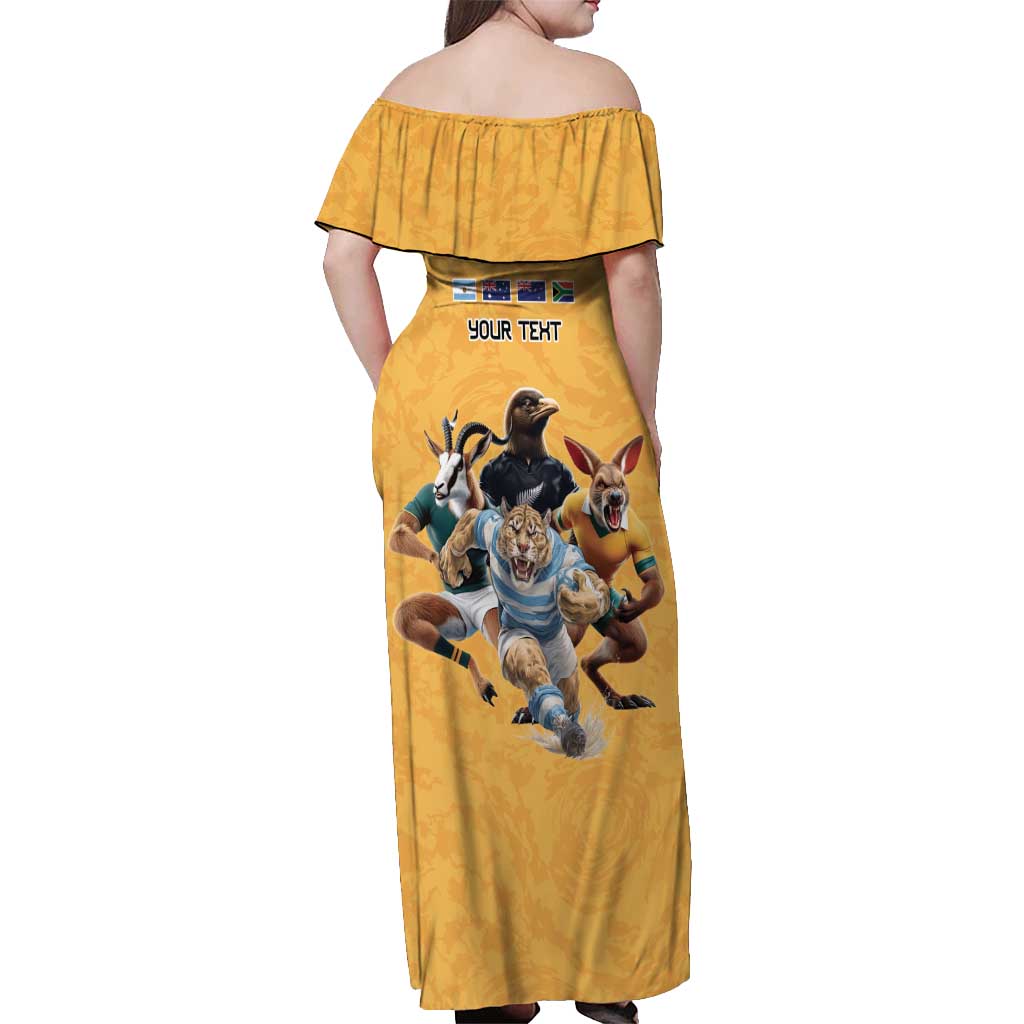 Custom Rugby Southern Hemisphere Off Shoulder Maxi Dress Argentina AUNZ South Africa Mascot Gold - Aussie Hoodie