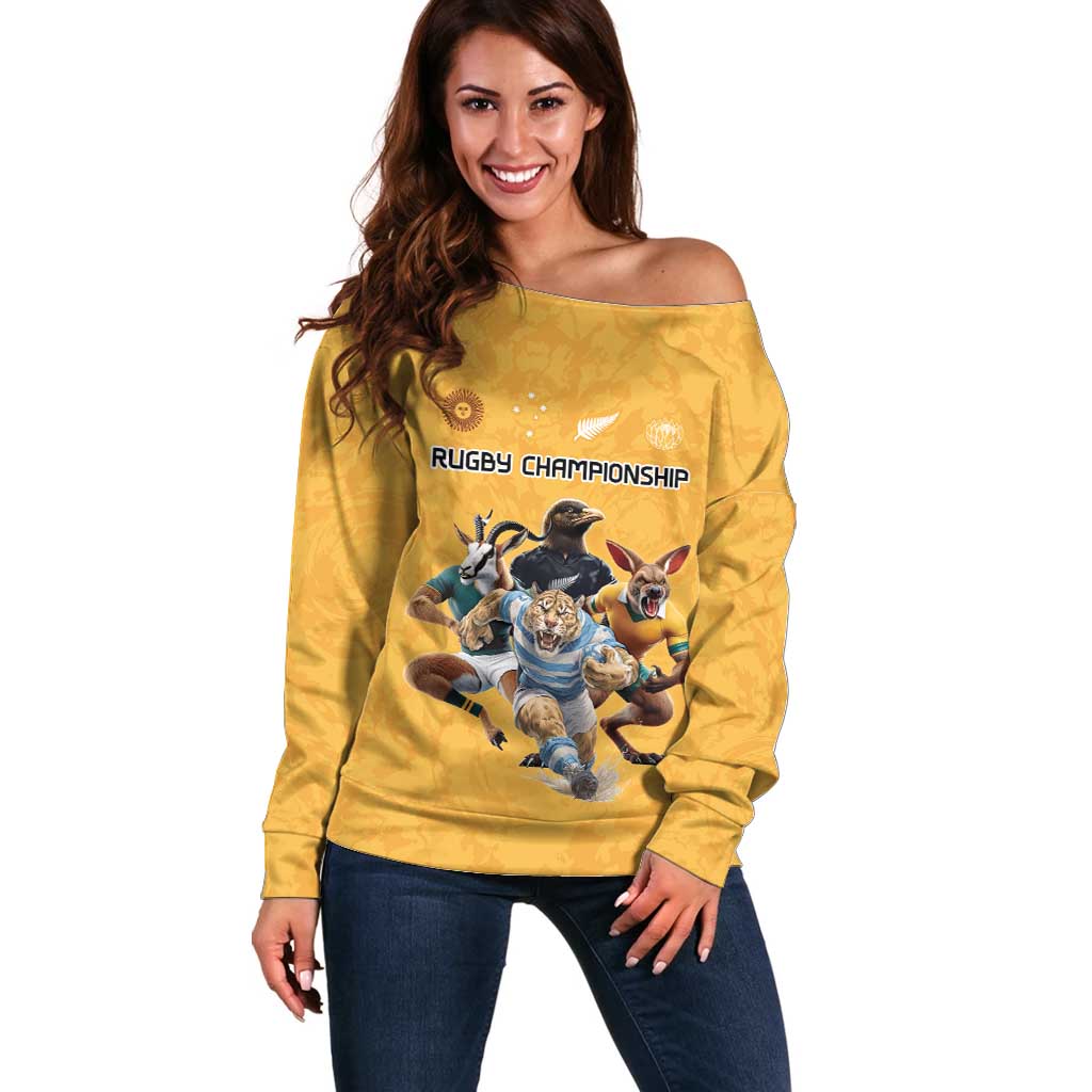Custom Rugby Southern Hemisphere Off Shoulder Sweater Argentina AUNZ South Africa Mascot Gold - Aussie Hoodie