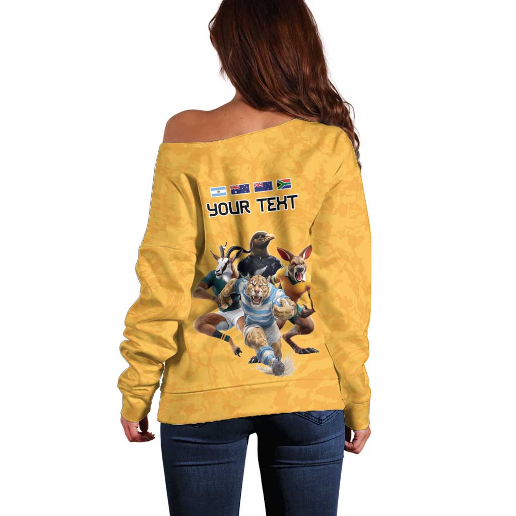 Custom Rugby Southern Hemisphere Off Shoulder Sweater Argentina AUNZ South Africa Mascot Gold - Aussie Hoodie