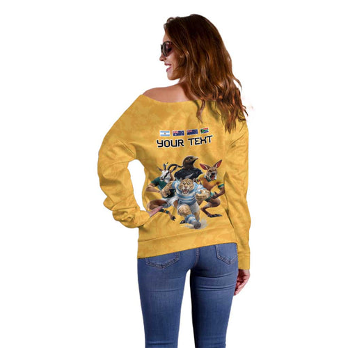 Custom Rugby Southern Hemisphere Off Shoulder Sweater Argentina AUNZ South Africa Mascot Gold - Aussie Hoodie