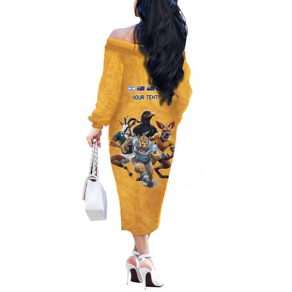 Custom Rugby Southern Hemisphere Off The Shoulder Long Sleeve Dress Argentina AUNZ South Africa Mascot Gold - Aussie Hoodie