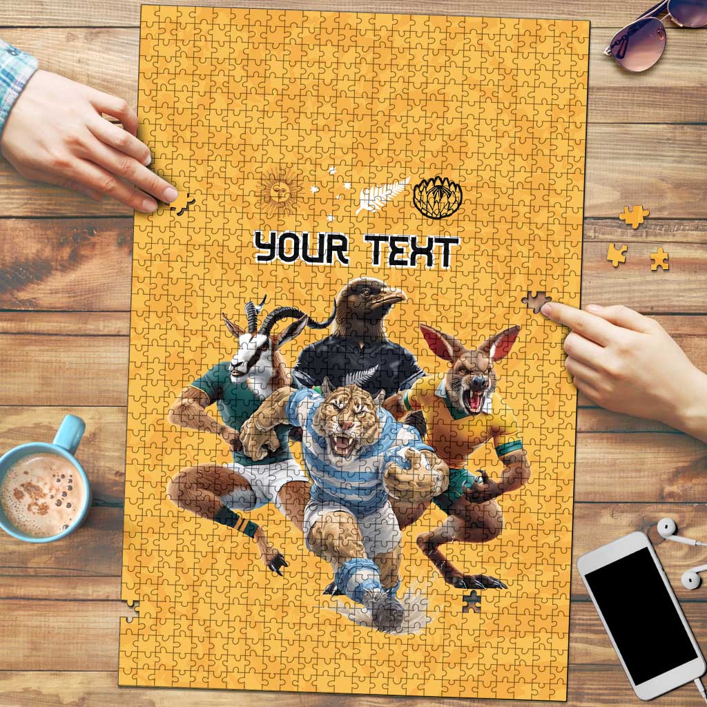 Custom Rugby Southern Hemisphere Puzzle Argentina AUNZ South Africa Mascot Gold - Aussie Hoodie