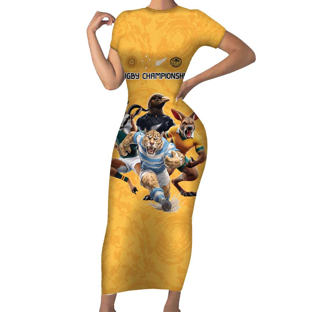 Custom Rugby Southern Hemisphere Short Sleeve Bodycon Dress Argentina AUNZ South Africa Mascot Gold - Aussie Hoodie