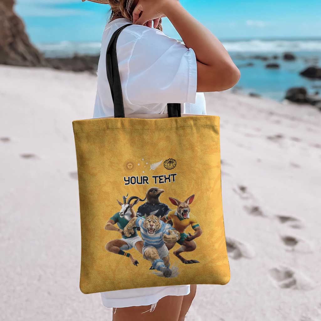 Custom Rugby Southern Hemisphere Tote Bag Argentina AUNZ South Africa Mascot Gold - Aussie Hoodie