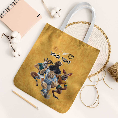 Custom Rugby Southern Hemisphere Tote Bag Argentina AUNZ South Africa Mascot Gold - Aussie Hoodie