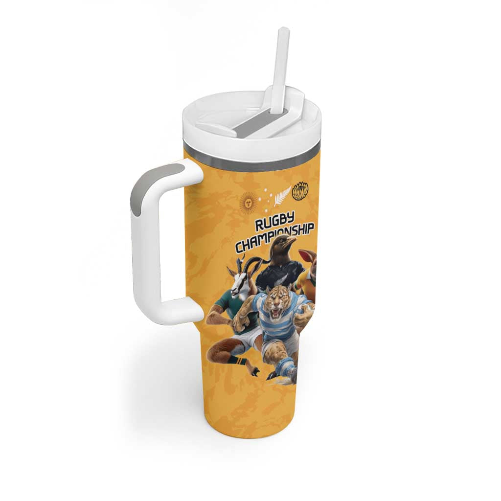 Custom Rugby Southern Hemisphere Tumbler With Handle Argentina AUNZ South Africa Mascot Gold - Aussie Hoodie