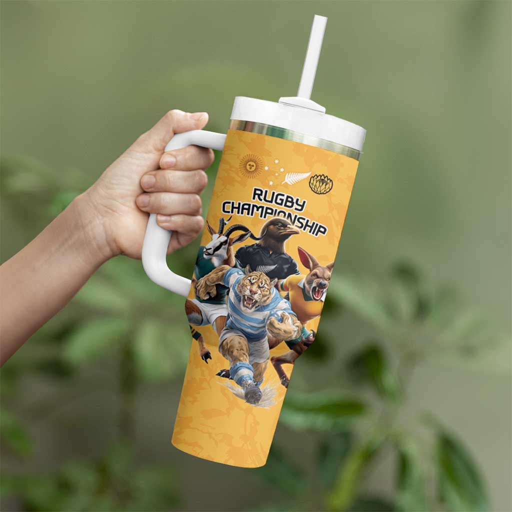 Custom Rugby Southern Hemisphere Tumbler With Handle Argentina AUNZ South Africa Mascot Gold - Aussie Hoodie
