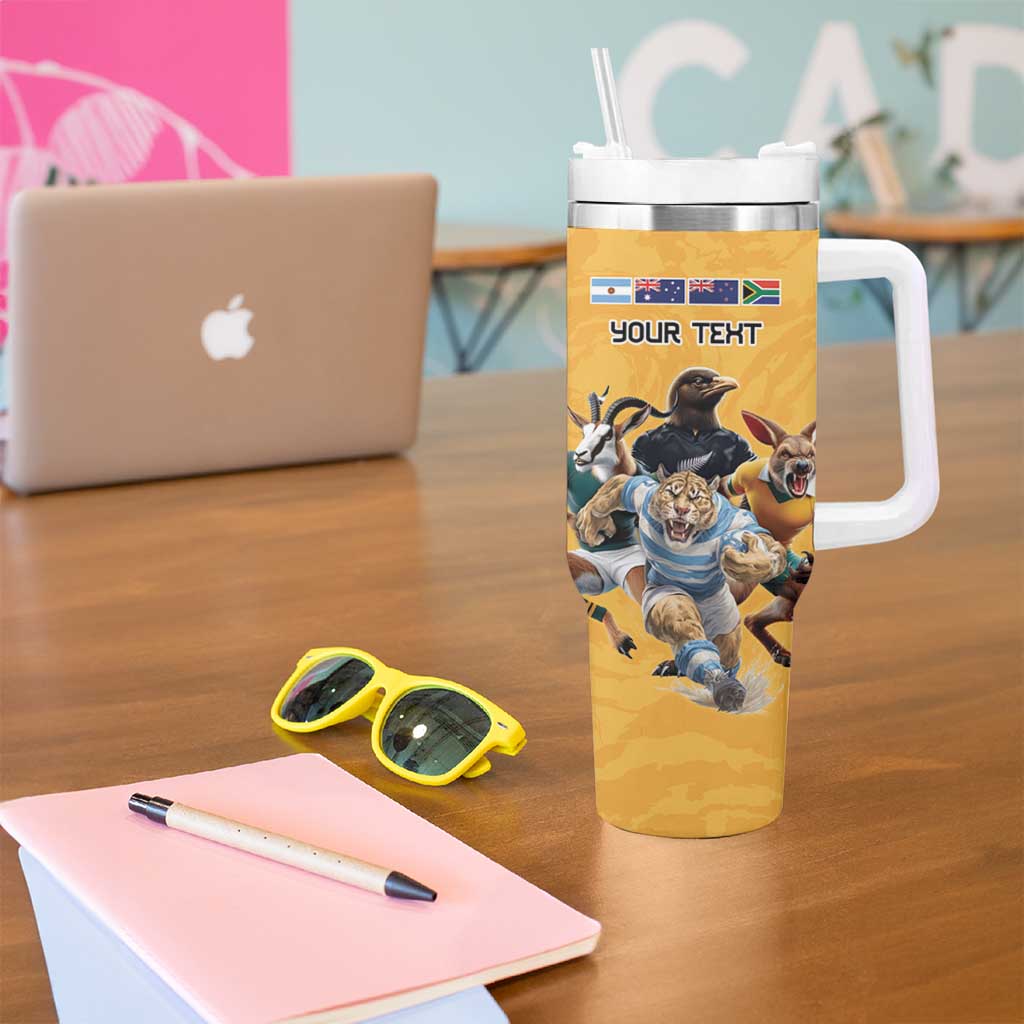 Custom Rugby Southern Hemisphere Tumbler With Handle Argentina AUNZ South Africa Mascot Gold - Aussie Hoodie