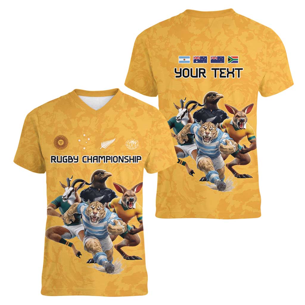 Custom Rugby Southern Hemisphere Women V-Neck T-Shirt Argentina AUNZ South Africa Mascot Gold - Aussie Hoodie
