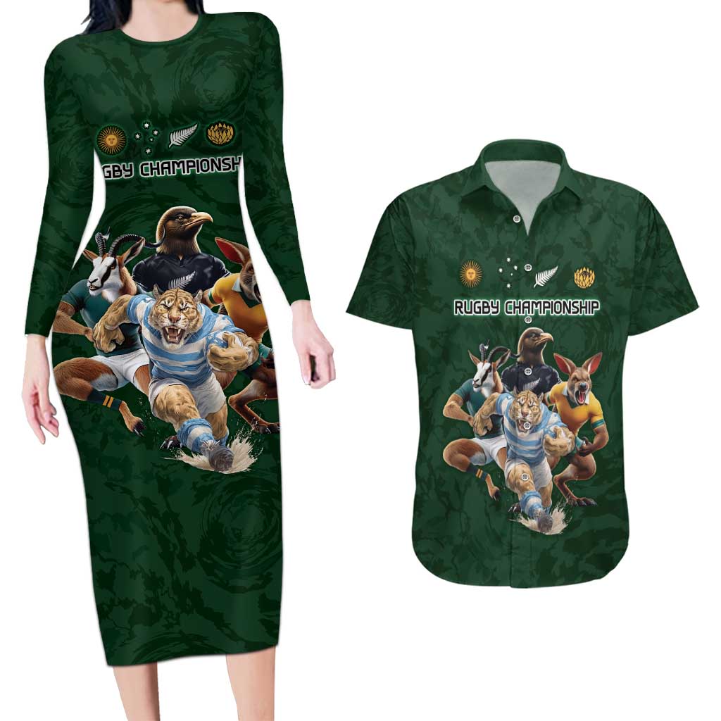 Custom Rugby Southern Hemisphere Couples Matching Long Sleeve Bodycon Dress and Hawaiian Shirt Argentina AUNZ South Africa Mascot Green - Aussie Hoodie