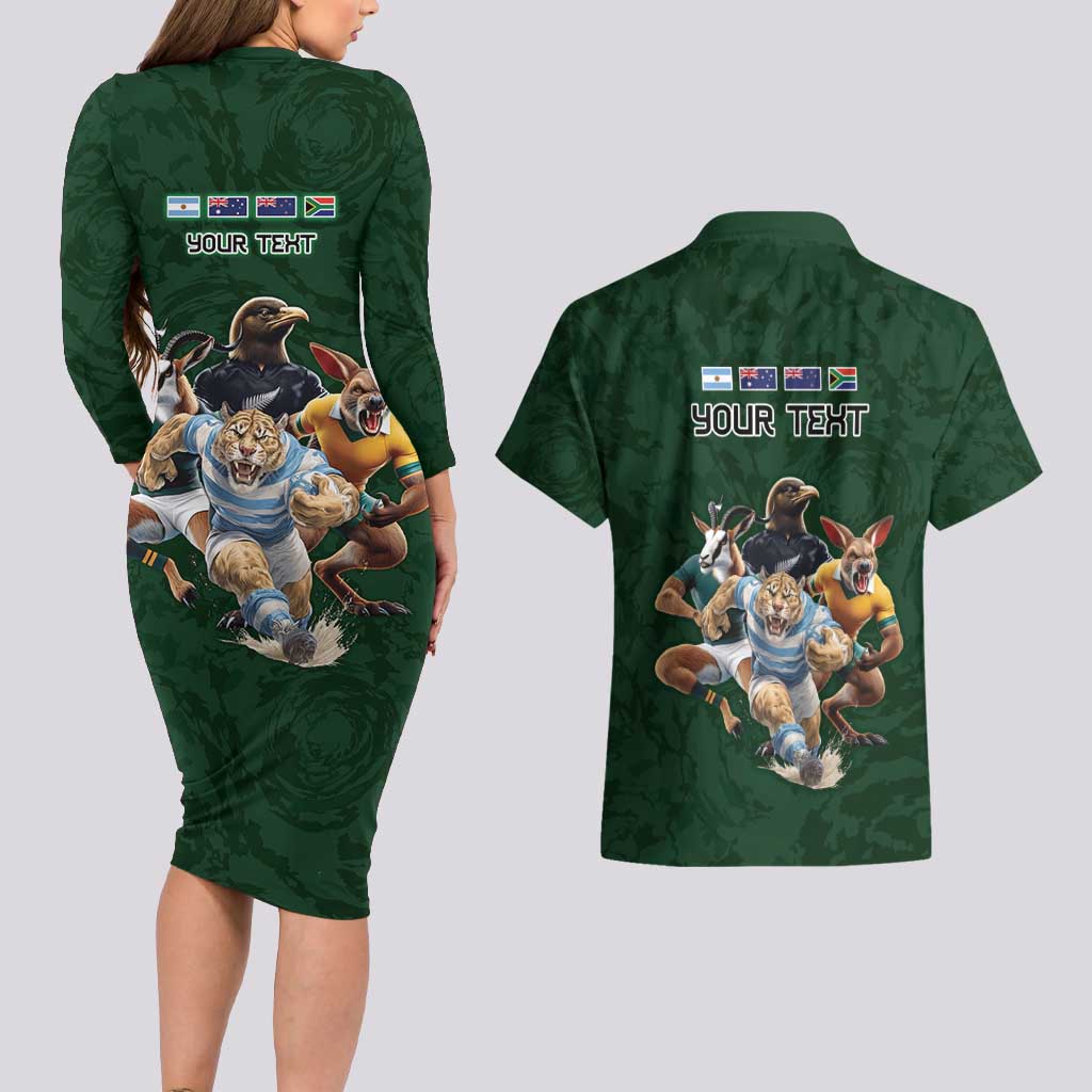 Custom Rugby Southern Hemisphere Couples Matching Long Sleeve Bodycon Dress and Hawaiian Shirt Argentina AUNZ South Africa Mascot Green - Aussie Hoodie
