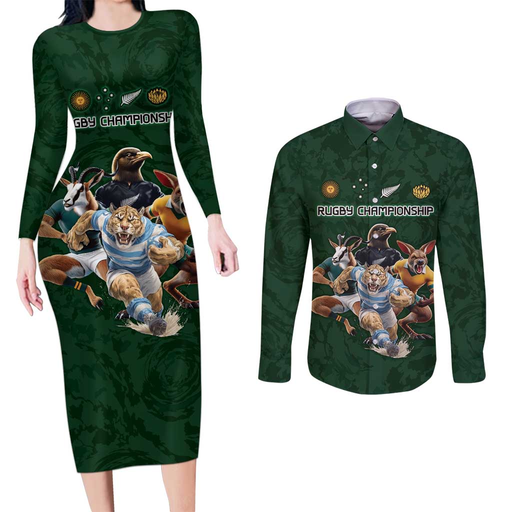 Custom Rugby Southern Hemisphere Couples Matching Long Sleeve Bodycon Dress and Long Sleeve Button Shirt Argentina AUNZ South Africa Mascot Green - Aussie Hoodie