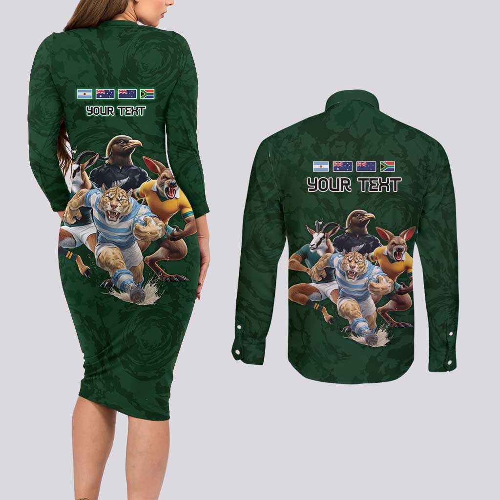 Custom Rugby Southern Hemisphere Couples Matching Long Sleeve Bodycon Dress and Long Sleeve Button Shirt Argentina AUNZ South Africa Mascot Green - Aussie Hoodie