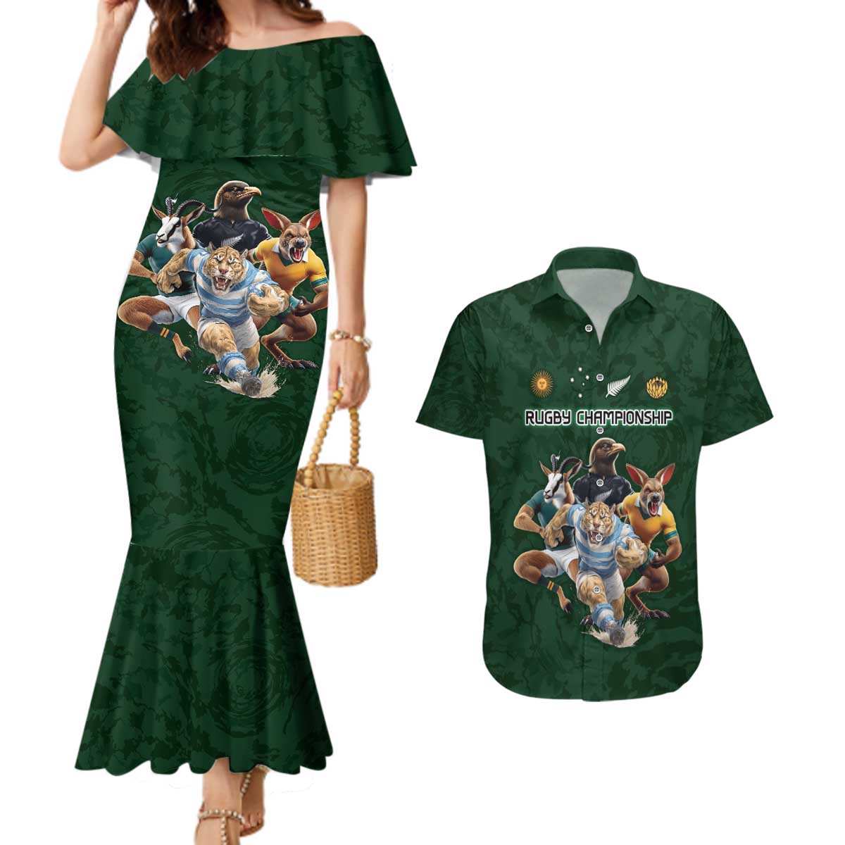 Custom Rugby Southern Hemisphere Couples Matching Mermaid Dress and Hawaiian Shirt Argentina AUNZ South Africa Mascot Green - Aussie Hoodie