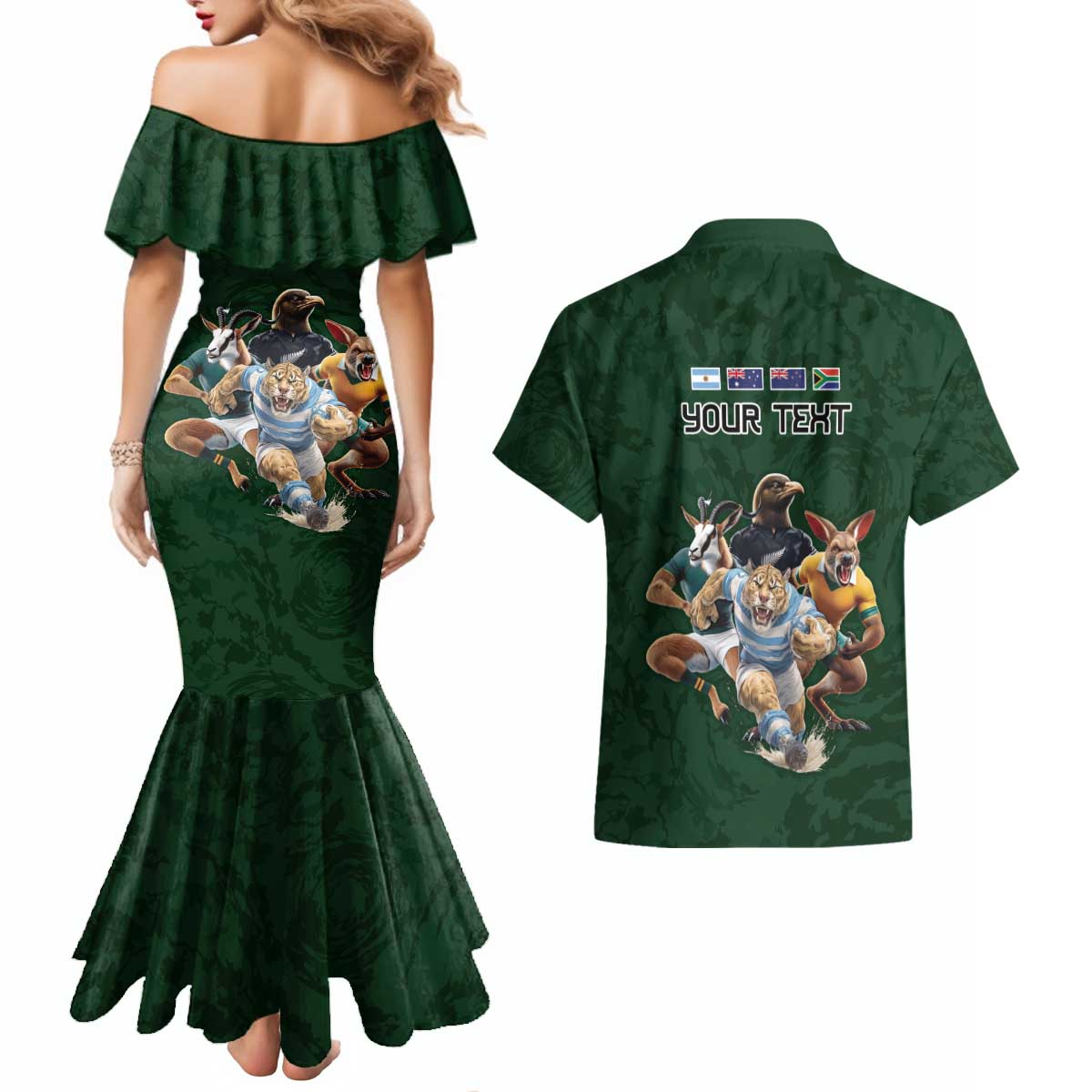 Custom Rugby Southern Hemisphere Couples Matching Mermaid Dress and Hawaiian Shirt Argentina AUNZ South Africa Mascot Green - Aussie Hoodie