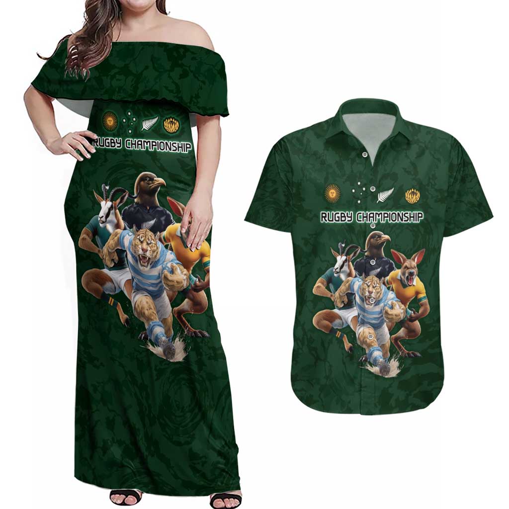 Custom Rugby Southern Hemisphere Couples Matching Off Shoulder Maxi Dress and Hawaiian Shirt Argentina AUNZ South Africa Mascot Green - Aussie Hoodie