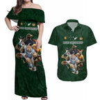 Custom Rugby Southern Hemisphere Couples Matching Off Shoulder Maxi Dress and Hawaiian Shirt Argentina AUNZ South Africa Mascot Green - Aussie Hoodie