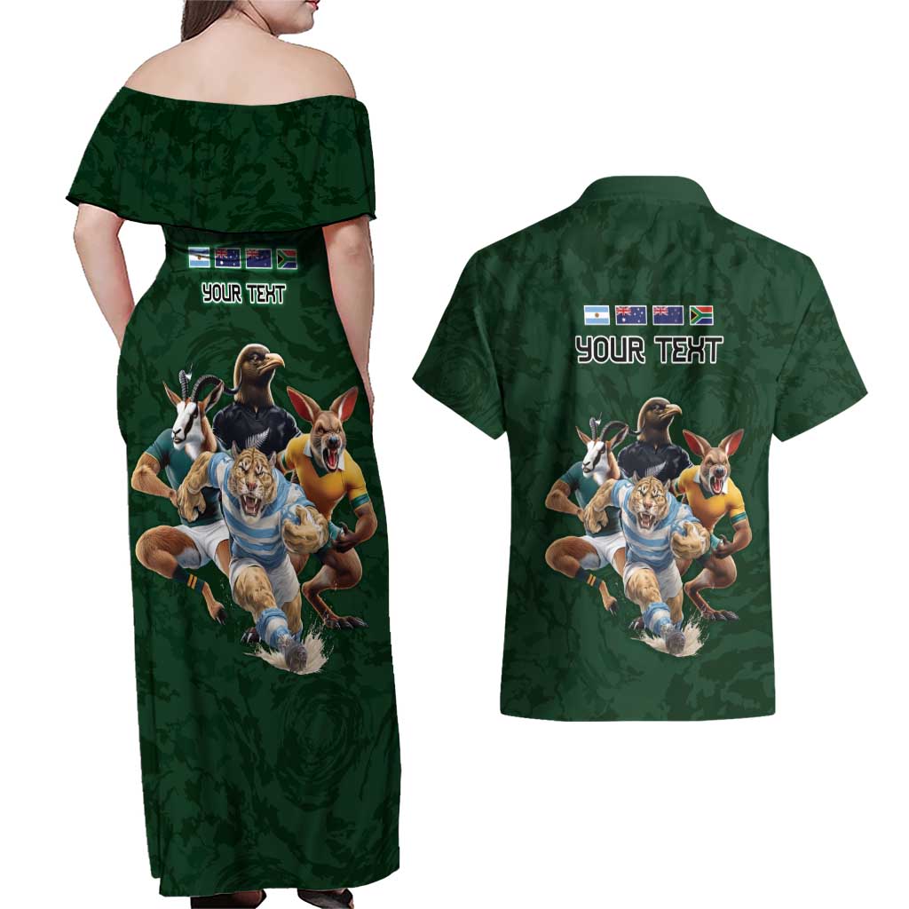 Custom Rugby Southern Hemisphere Couples Matching Off Shoulder Maxi Dress and Hawaiian Shirt Argentina AUNZ South Africa Mascot Green - Aussie Hoodie