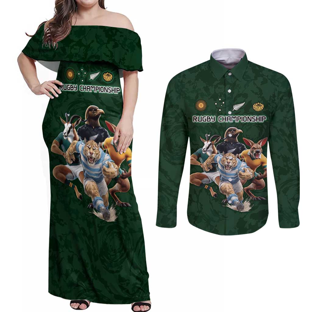 Custom Rugby Southern Hemisphere Couples Matching Off Shoulder Maxi Dress and Long Sleeve Button Shirt Argentina AUNZ South Africa Mascot Green - Aussie Hoodie
