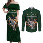 Custom Rugby Southern Hemisphere Couples Matching Off Shoulder Maxi Dress and Long Sleeve Button Shirt Argentina AUNZ South Africa Mascot Green - Aussie Hoodie