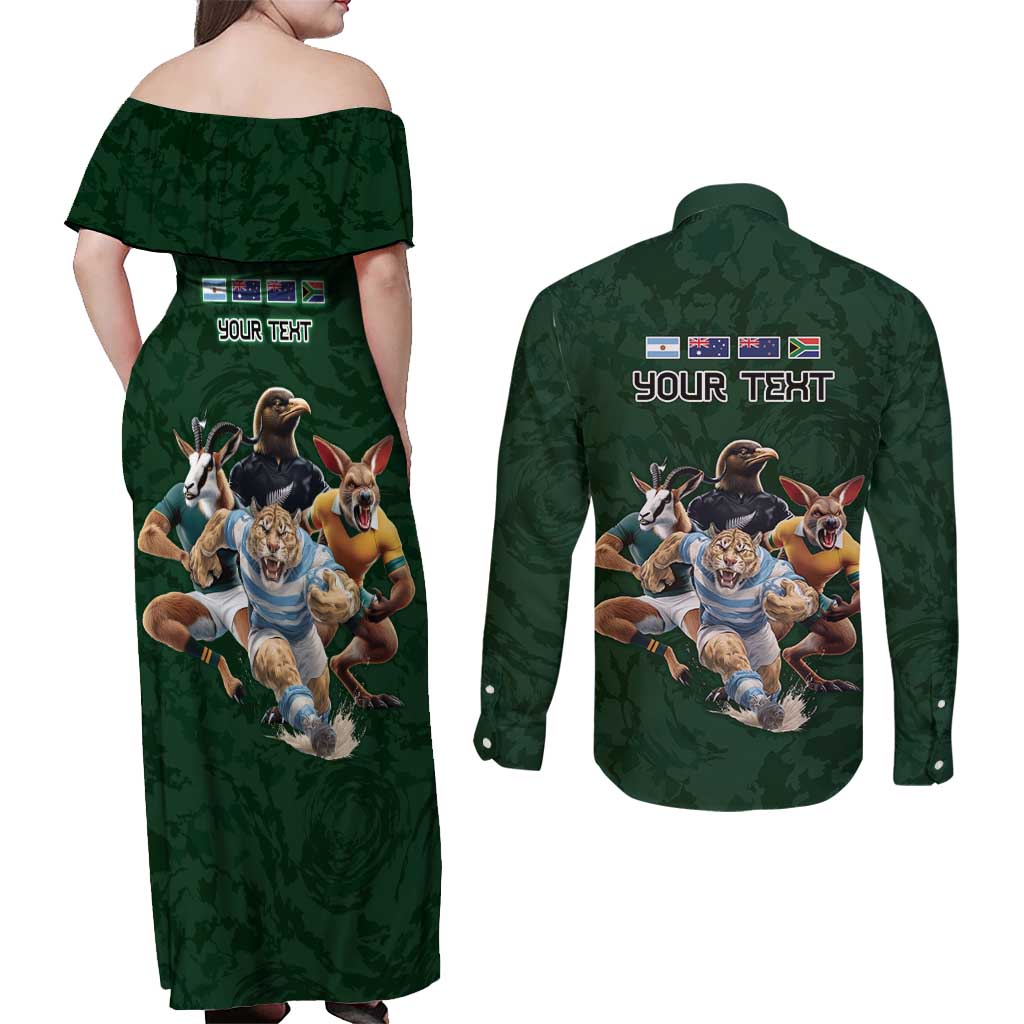 Custom Rugby Southern Hemisphere Couples Matching Off Shoulder Maxi Dress and Long Sleeve Button Shirt Argentina AUNZ South Africa Mascot Green - Aussie Hoodie