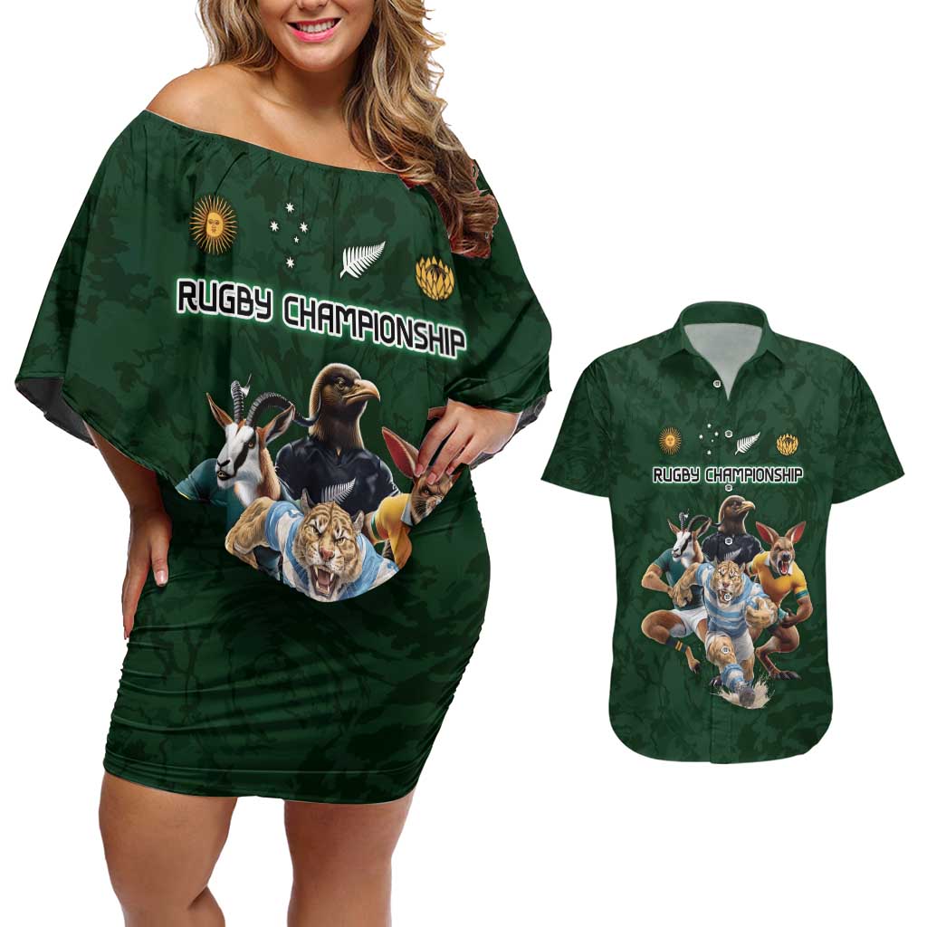 Custom Rugby Southern Hemisphere Couples Matching Off Shoulder Short Dress and Hawaiian Shirt Argentina AUNZ South Africa Mascot Green - Aussie Hoodie